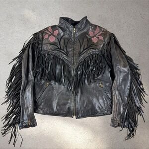 Vintage Walter Dyer Leather Fringe Biker Jacket Women's‎ 18 Floral Western Moto